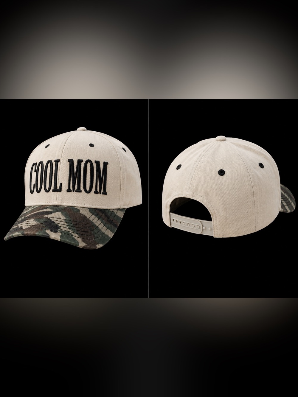 🆕 Cool Mom Camo Brim Baseball Hat Cream Black Embroidered Snapback - Picture 3 of 3